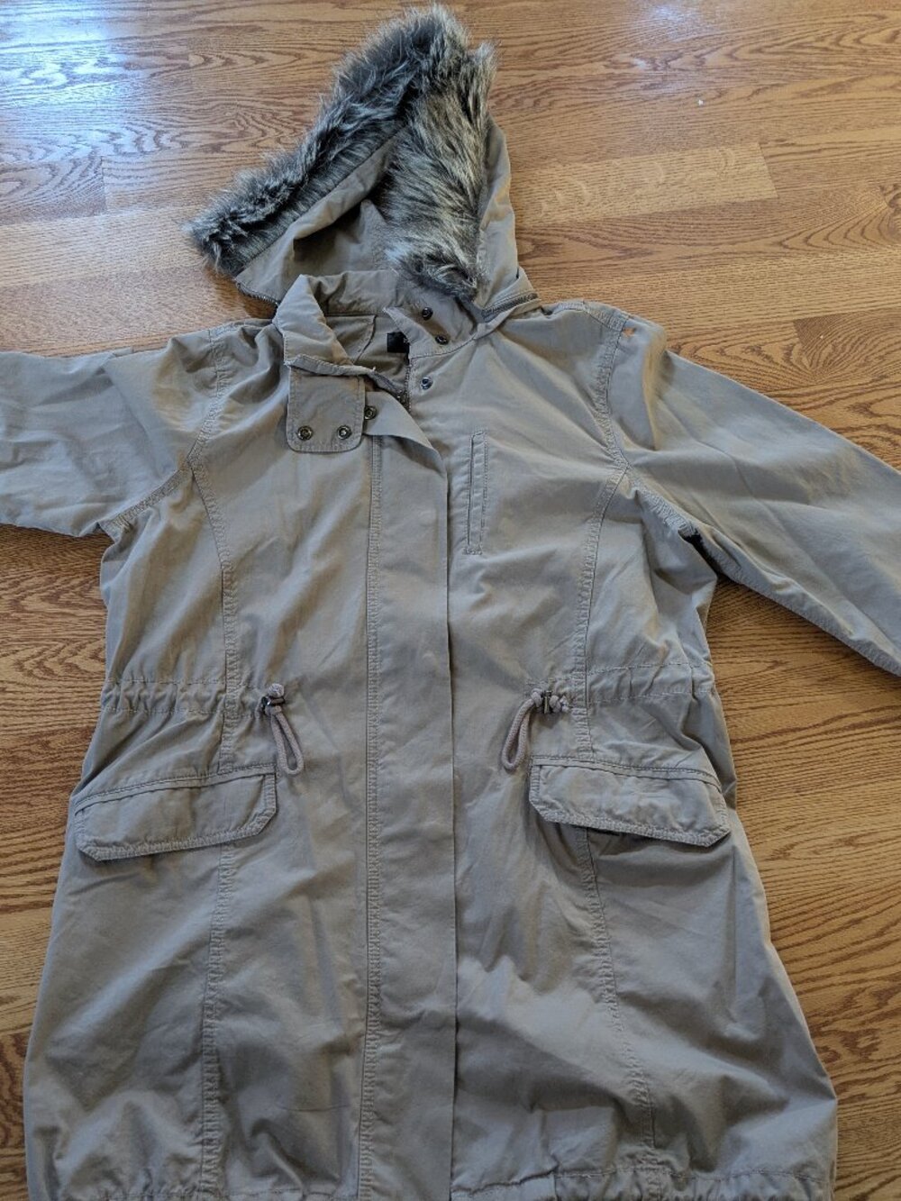 Style & Co khaki jacket detachable Fur Trim Hood Zipper and snaps Sz 16 W #771